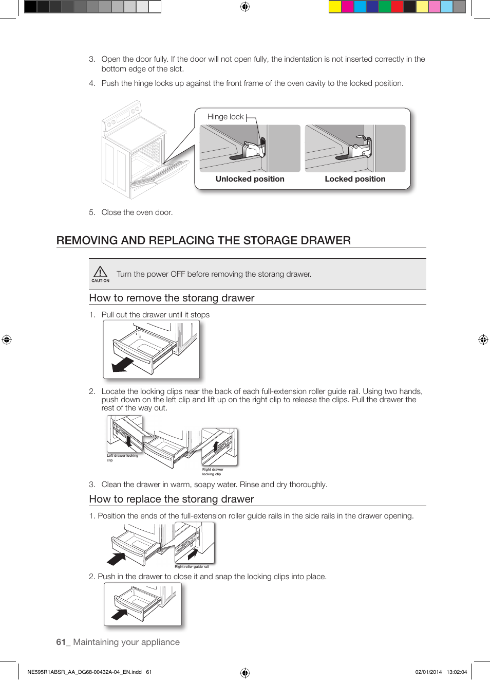 Removing and replacing the storage drawer, How to remove the storang drawer, How to replace the storang drawer | Samsung NE595R1ABSR-AA User Manual | Page 62 / 72