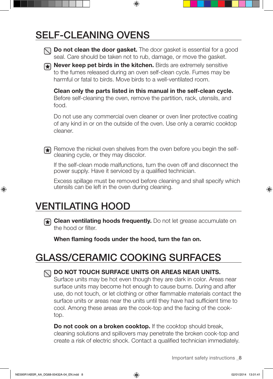 Self-cleaning ovens, Ventilating hood, Glass/ceramic cooking surfaces | Samsung NE595R1ABSR-AA User Manual | Page 9 / 72
