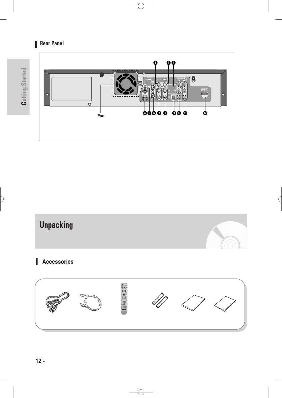 Rear panel, Unpacking, Accessories | Getting started, 12 - english rear panel | Samsung DVD-VR335-XAA User Manual | Page 12 / 103