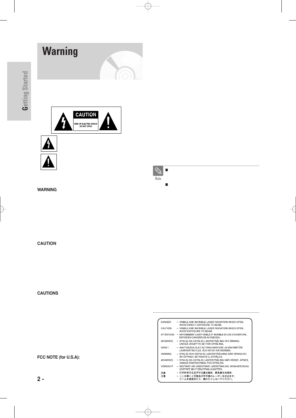 Getting started, Warning, 2 - english | Samsung DVD-VR335-XAA User Manual | Page 2 / 103