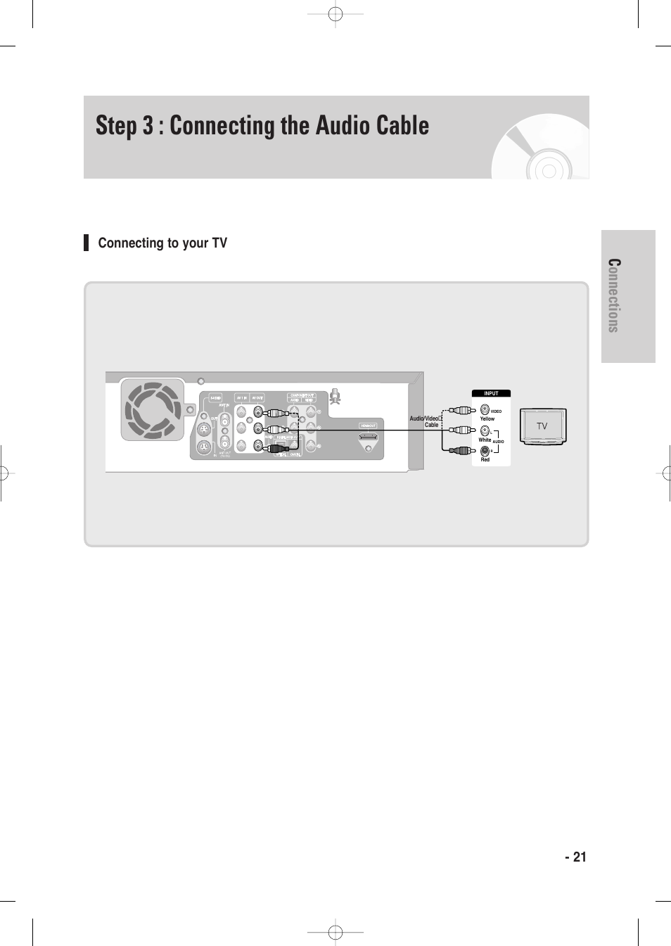 Step 3 : connecting the audio cable, Connecting to your tv, Connections | English - 21 | Samsung DVD-VR335-XAA User Manual | Page 21 / 103