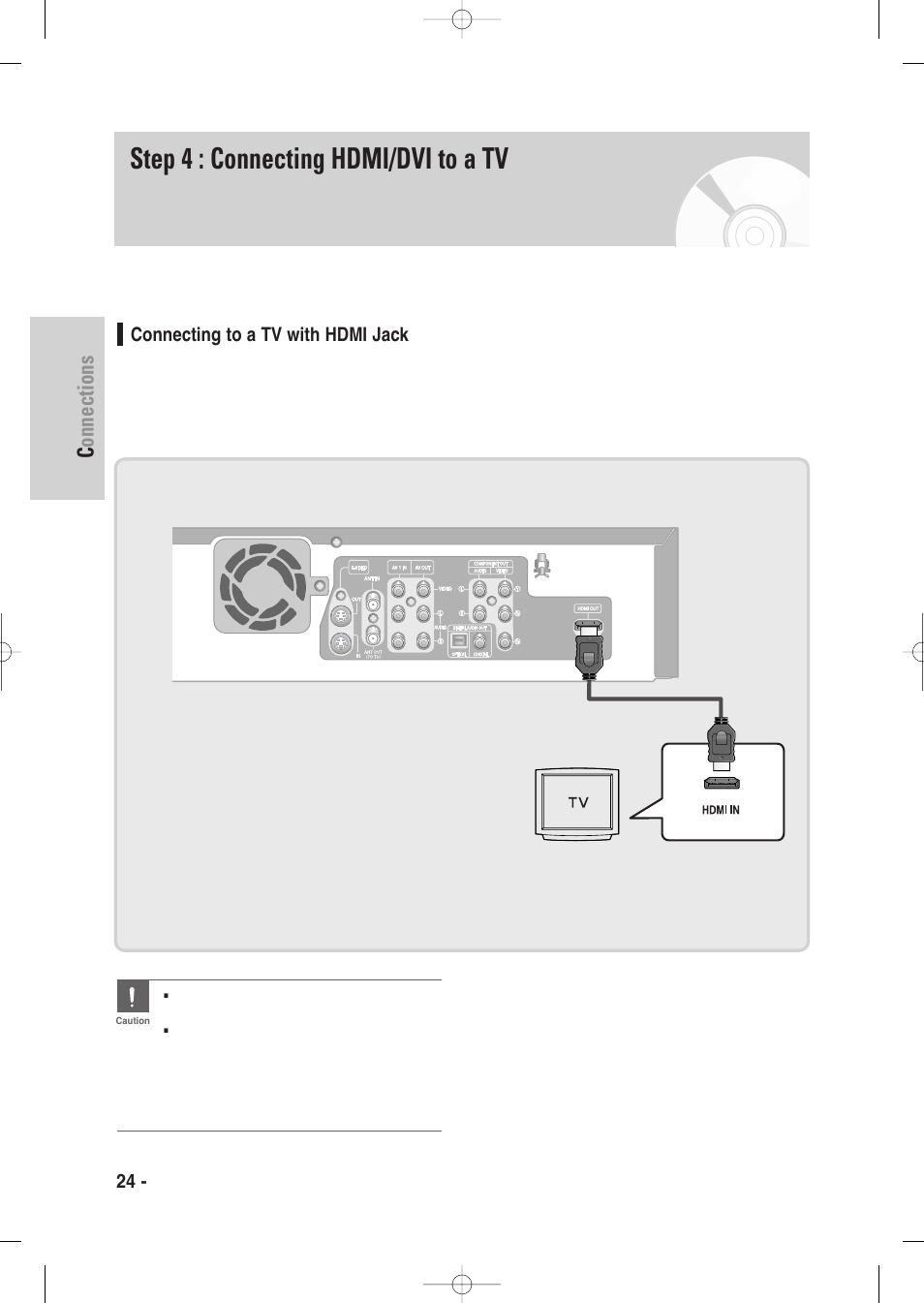 Step 4 : connecting hdmi/dvi to a tv, Connecting to a tv with hdmi jack, Connections | 24 - english | Samsung DVD-VR335-XAA User Manual | Page 24 / 103