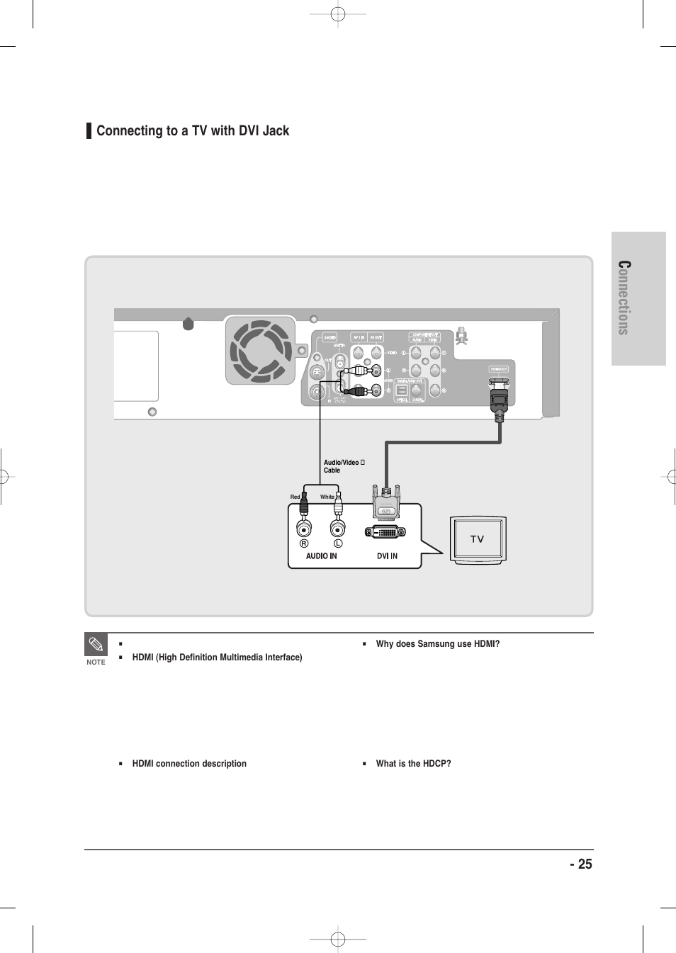 Connecting to a tv with dvi jack, Connections, English - 25 connecting to a tv with dvi jack | Samsung DVD-VR335-XAA User Manual | Page 25 / 103