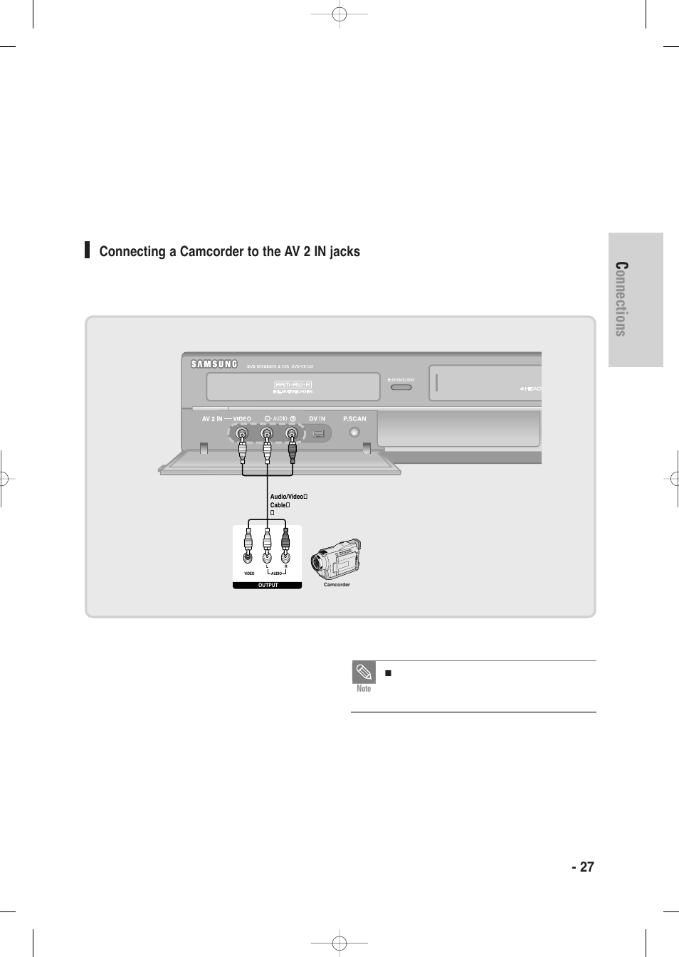 Connecting a camcorder to the av 2 in jacks, Connections, English - 27 | Samsung DVD-VR335-XAA User Manual | Page 27 / 103