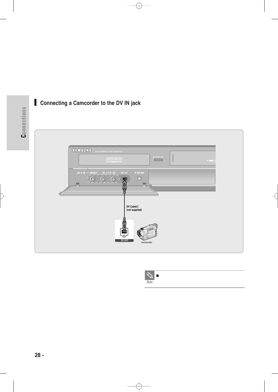 Connecting a camcorder to the dv in jack, Connections, 28 - english | Samsung DVD-VR335-XAA User Manual | Page 28 / 103