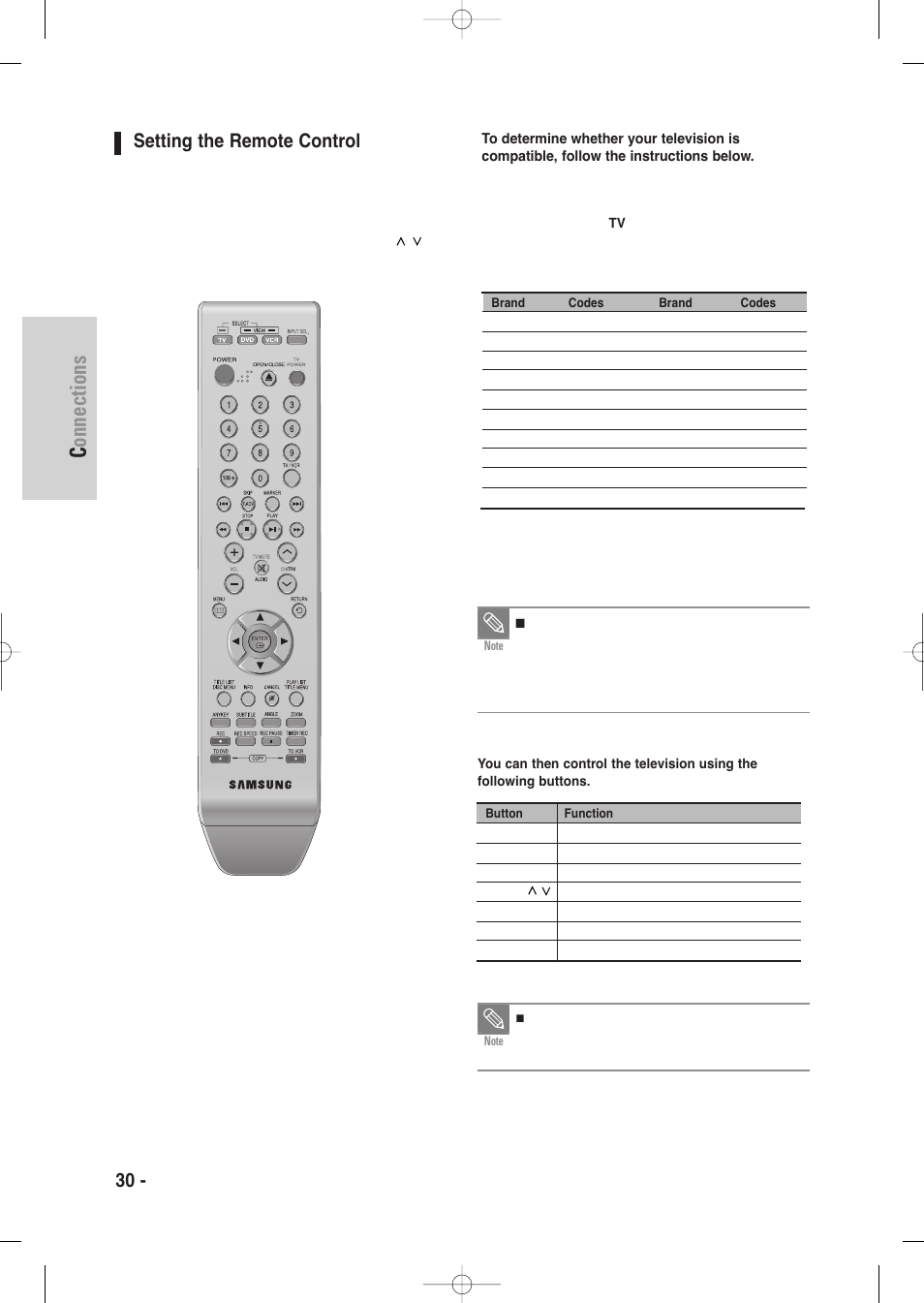 Setting the remote control, Connections, 30 - english | Samsung DVD-VR335-XAA User Manual | Page 30 / 103