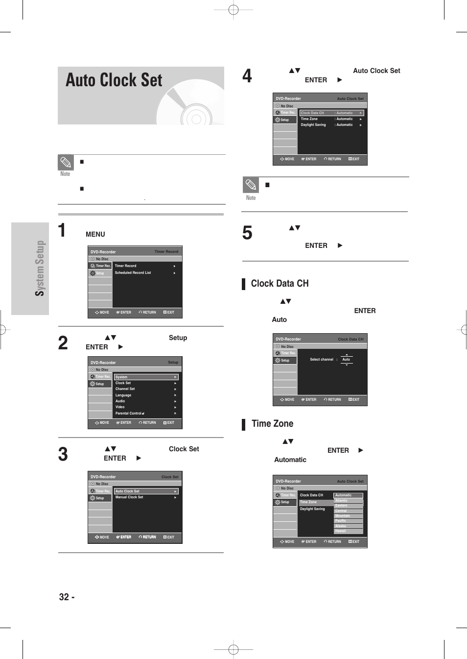 Auto clock set, System setup, 32 - english | Clock data ch, Time zone | Samsung DVD-VR335-XAA User Manual | Page 32 / 103