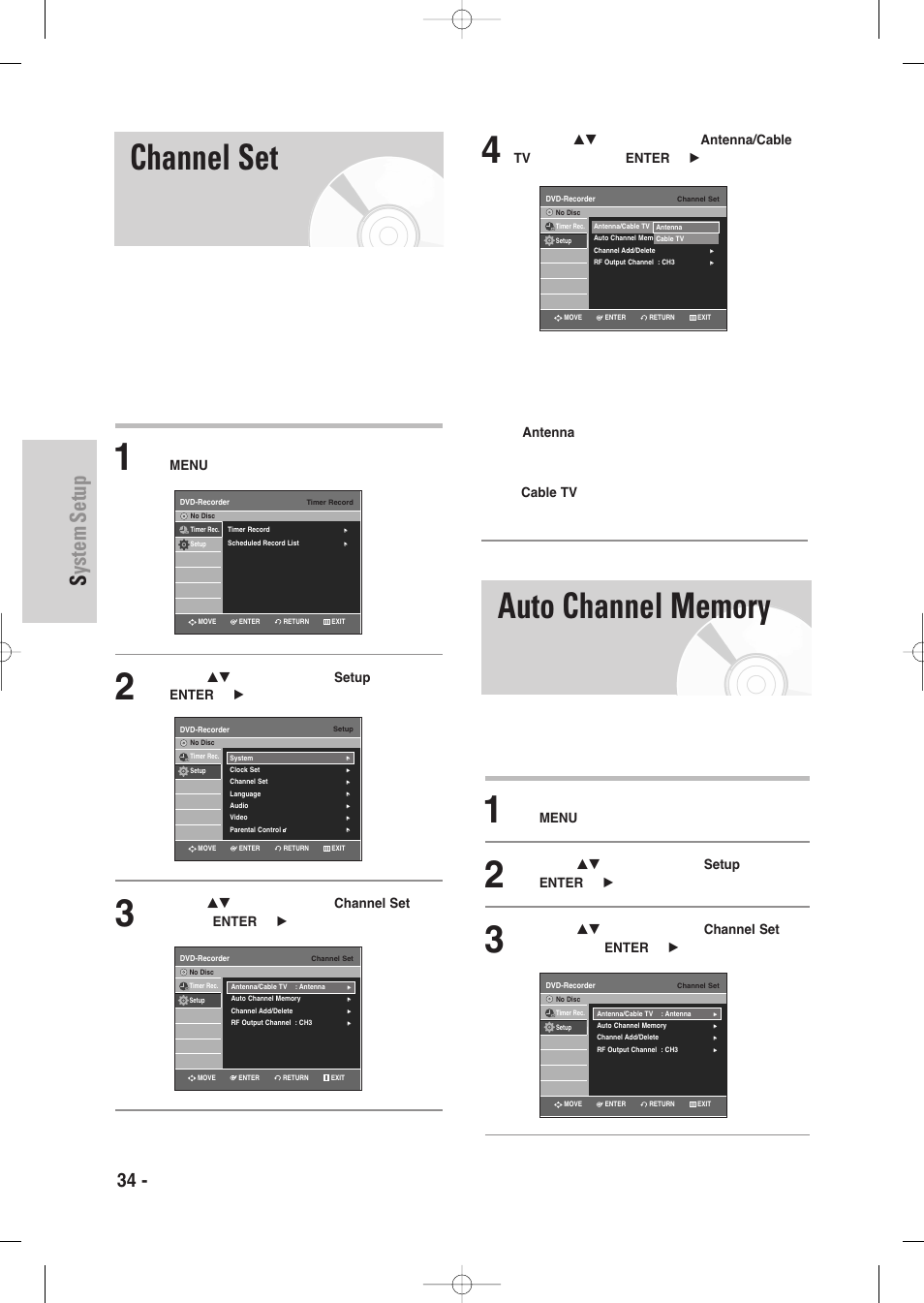 Channel set, Auto channel memory, System setup | 34 - english | Samsung DVD-VR335-XAA User Manual | Page 34 / 103