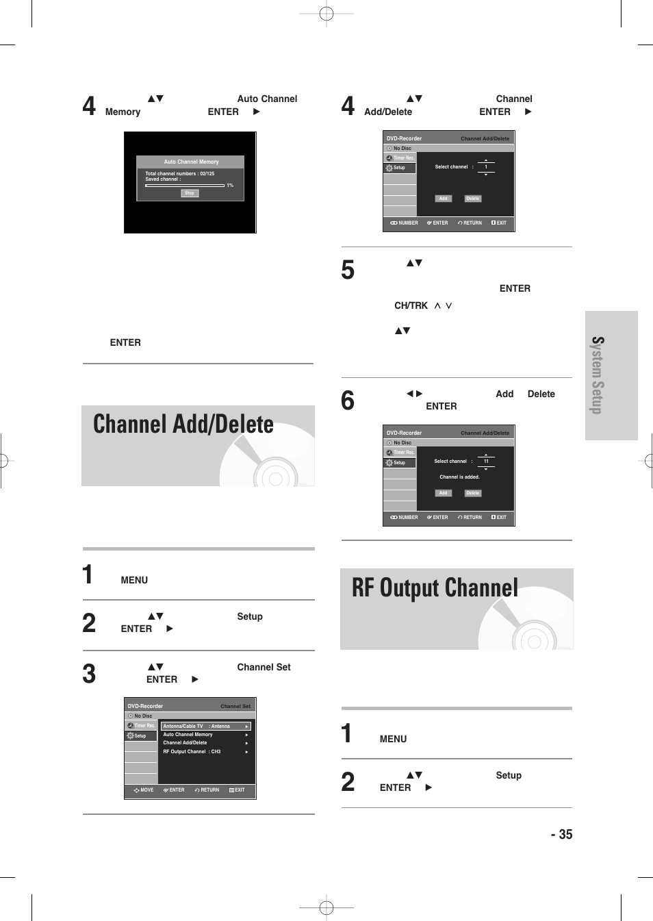 Channel add/delete, Rf output channel, System setup s ystem setup | English - 35 | Samsung DVD-VR335-XAA User Manual | Page 35 / 103