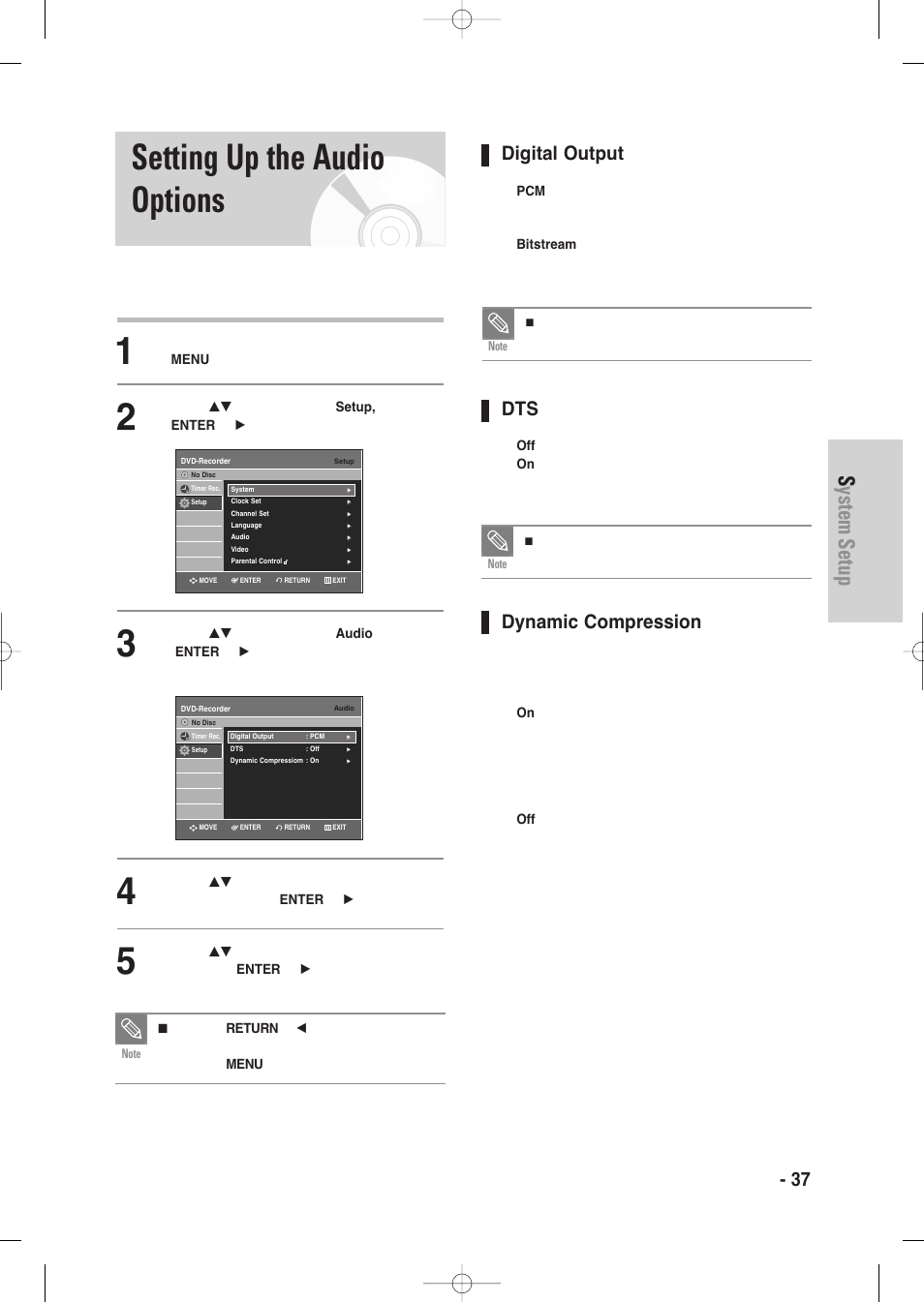 Setting up the audio options, System setup, English - 37 | Digital output, Dynamic compression | Samsung DVD-VR335-XAA User Manual | Page 37 / 103