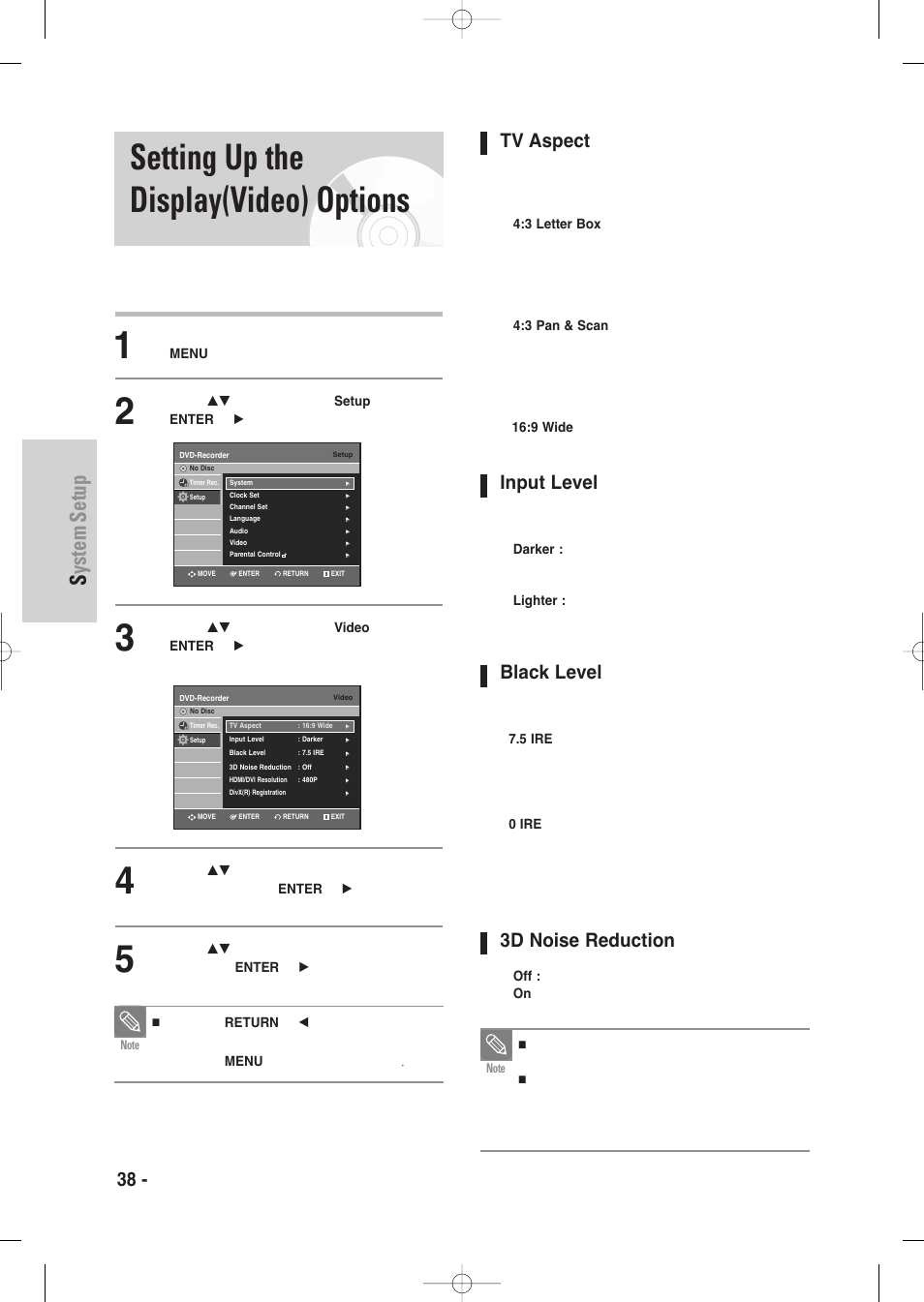 Setting up the display(video) options, System setup, 38 - english | Tv aspect, Input level, Black level, 3d noise reduction | Samsung DVD-VR335-XAA User Manual | Page 38 / 103