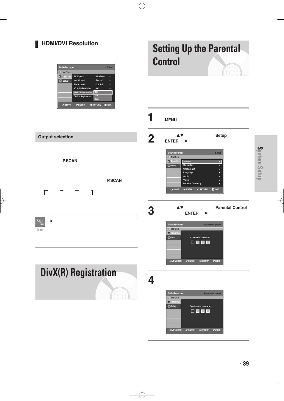 Divx(r) registration, Setting up the parental control, System setup | English - 39, Hdmi/dvi resolution, Output selection | Samsung DVD-VR335-XAA User Manual | Page 39 / 103