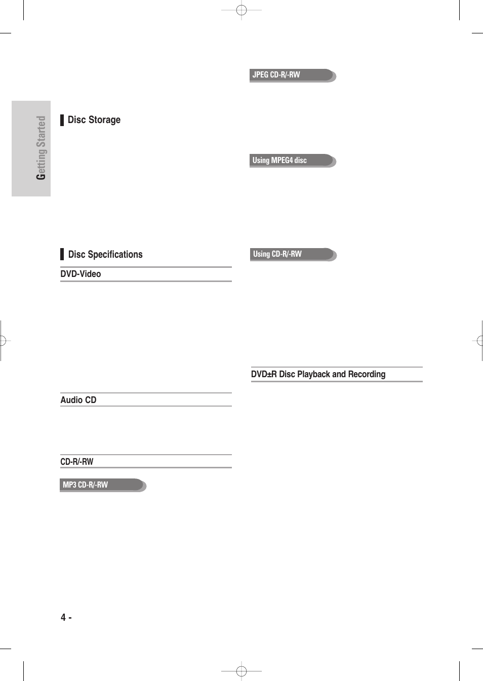 Disc storage, Disc specifications, Getting started | 4 - english | Samsung DVD-VR335-XAA User Manual | Page 4 / 103