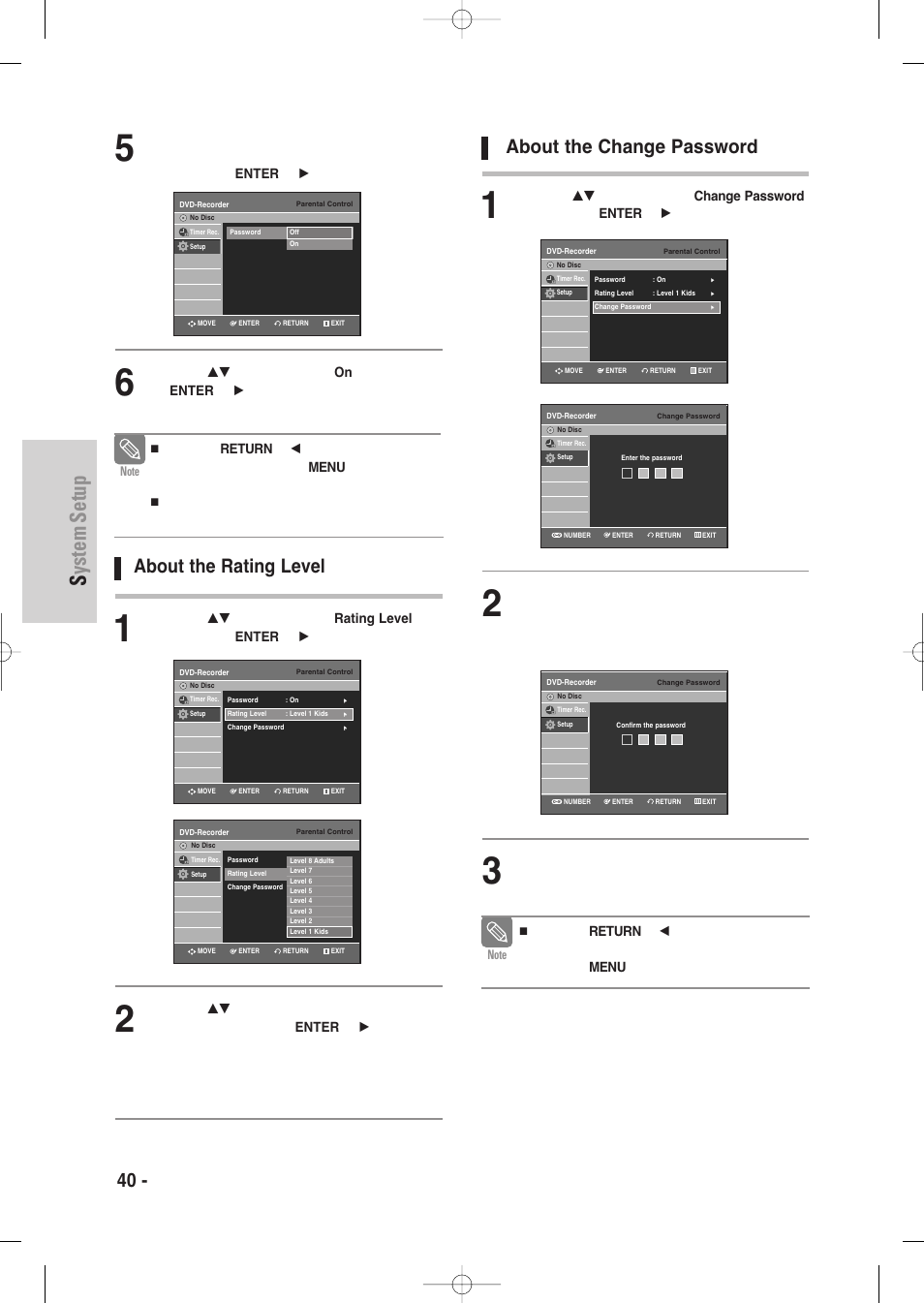 System setup, 40 - english, About the rating level | About the change password | Samsung DVD-VR335-XAA User Manual | Page 40 / 103