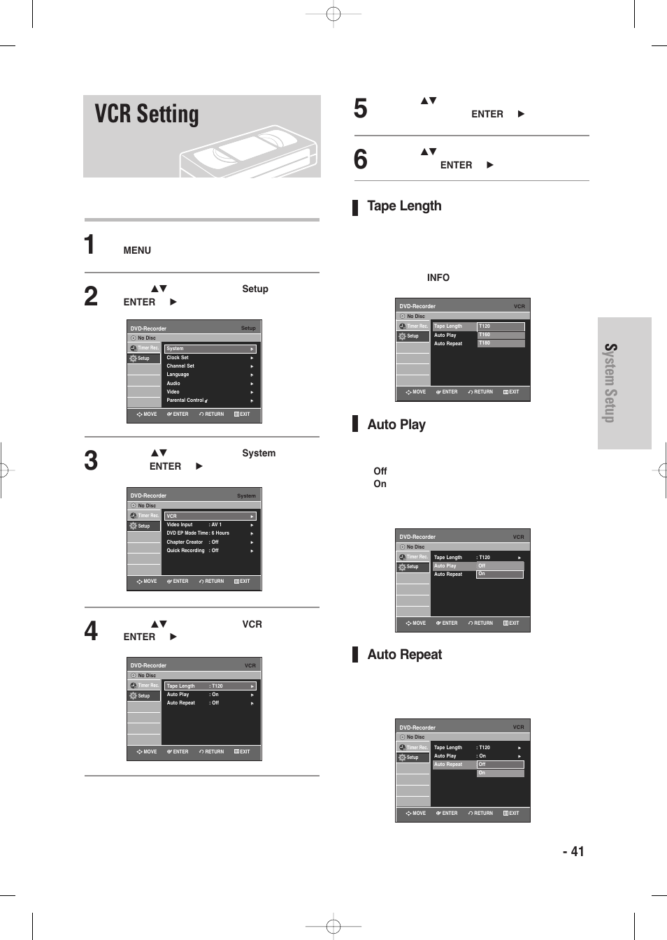 Vcr setting, System setup, English - 41 | Tape length, Auto play, Auto repeat, This function allows you to set up the vcr | Samsung DVD-VR335-XAA User Manual | Page 41 / 103