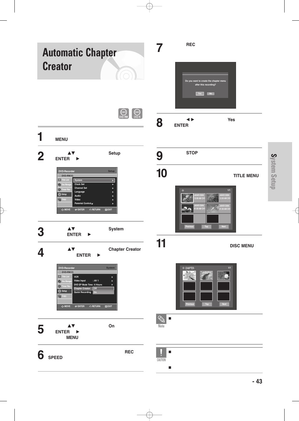 Automatic chapter creator, System setup, English - 43 | Samsung DVD-VR335-XAA User Manual | Page 43 / 103