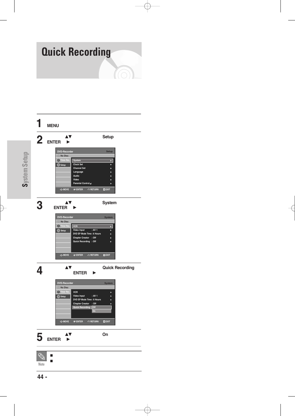 Quick recording, System setup, 44 - english | Samsung DVD-VR335-XAA User Manual | Page 44 / 103