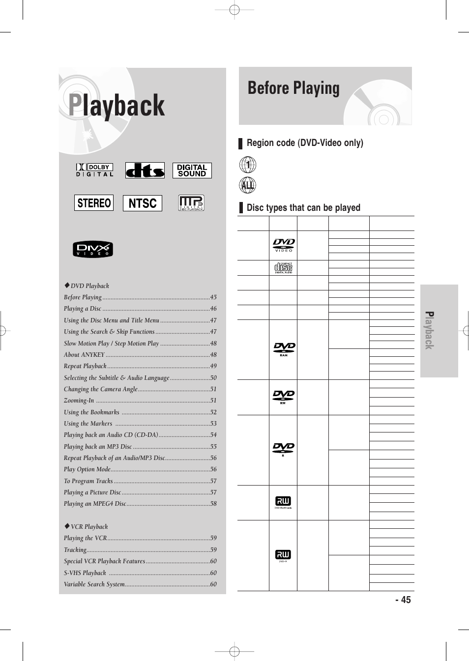 Playback, Before playing, English - 45 | Region code (dvd-video only), Disc types that can be played | Samsung DVD-VR335-XAA User Manual | Page 45 / 103