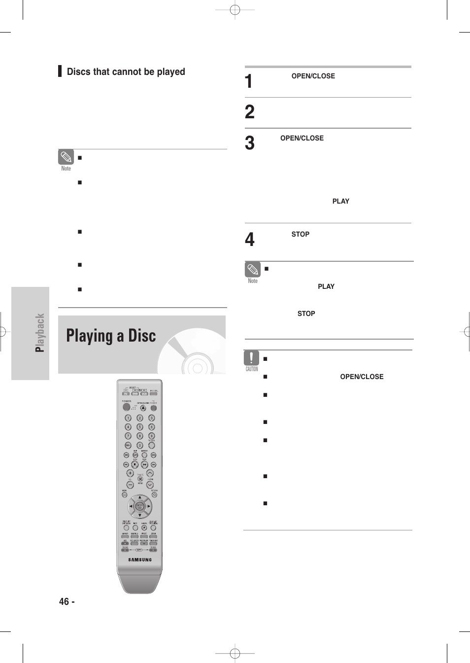 Playing a disc, Playback | Samsung DVD-VR335-XAA User Manual | Page 46 / 103