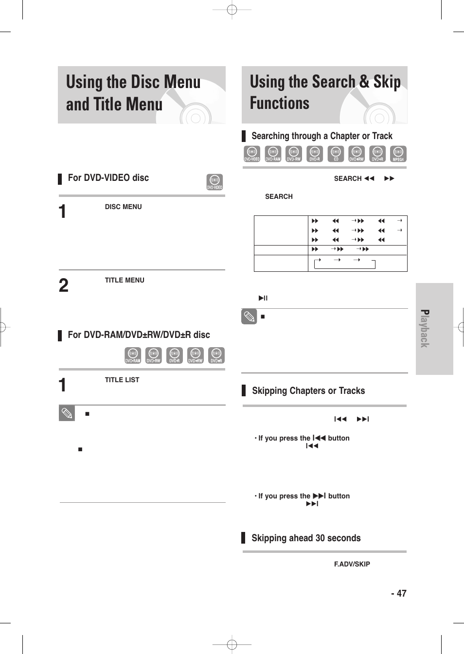 Using the disc menu and title menu, Using the search & skip functions, Playback | English - 47, Searching through a chapter or track, Skipping chapters or tracks, Skipping ahead 30 seconds, For dvd-video disc, For dvd-ram/dvd±rw/dvd±r disc | Samsung DVD-VR335-XAA User Manual | Page 47 / 103