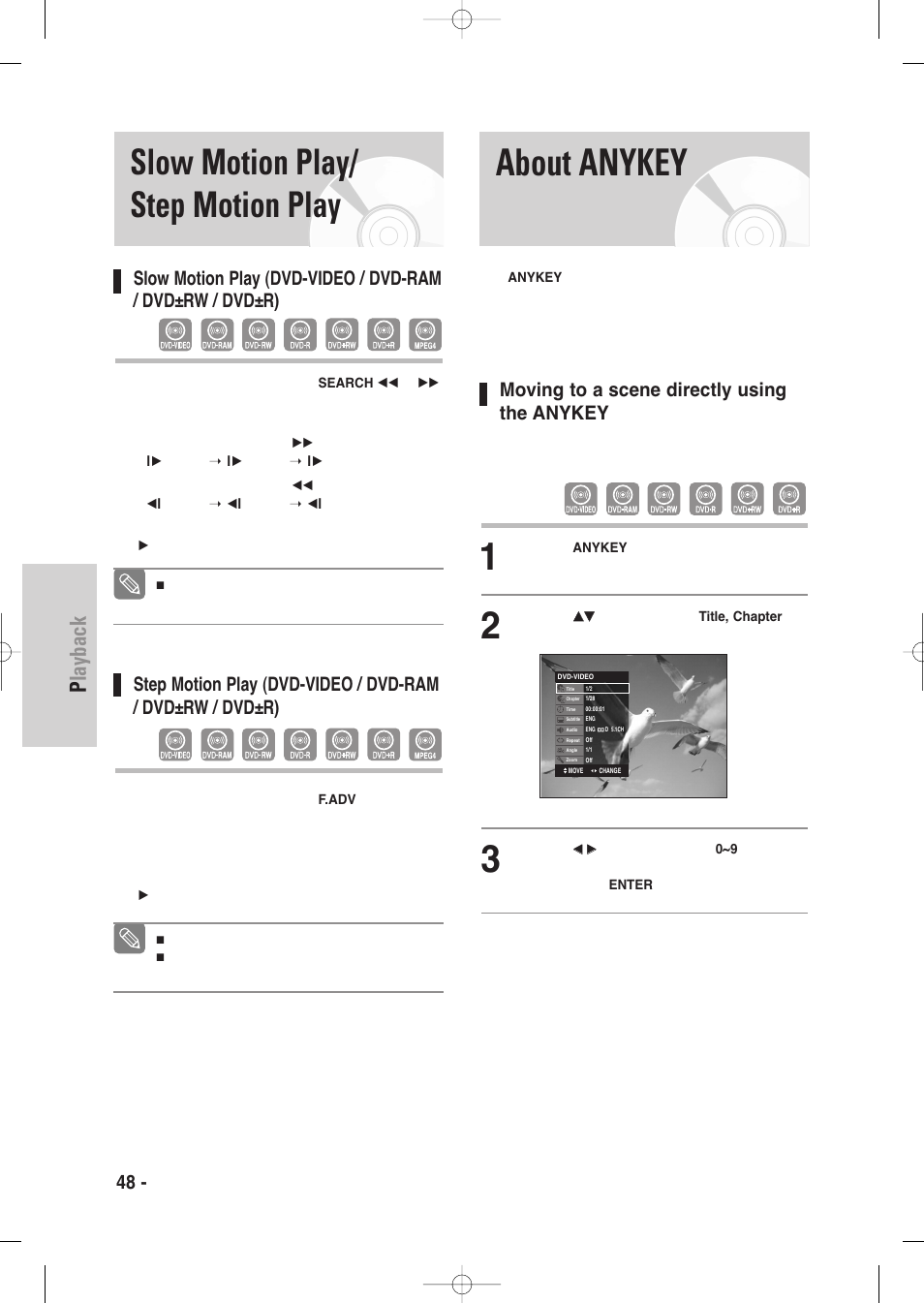 Slow motion play/ step motion play, About anykey, Playback | 48 - english, Moving to a scene directly using the anykey | Samsung DVD-VR335-XAA User Manual | Page 48 / 103