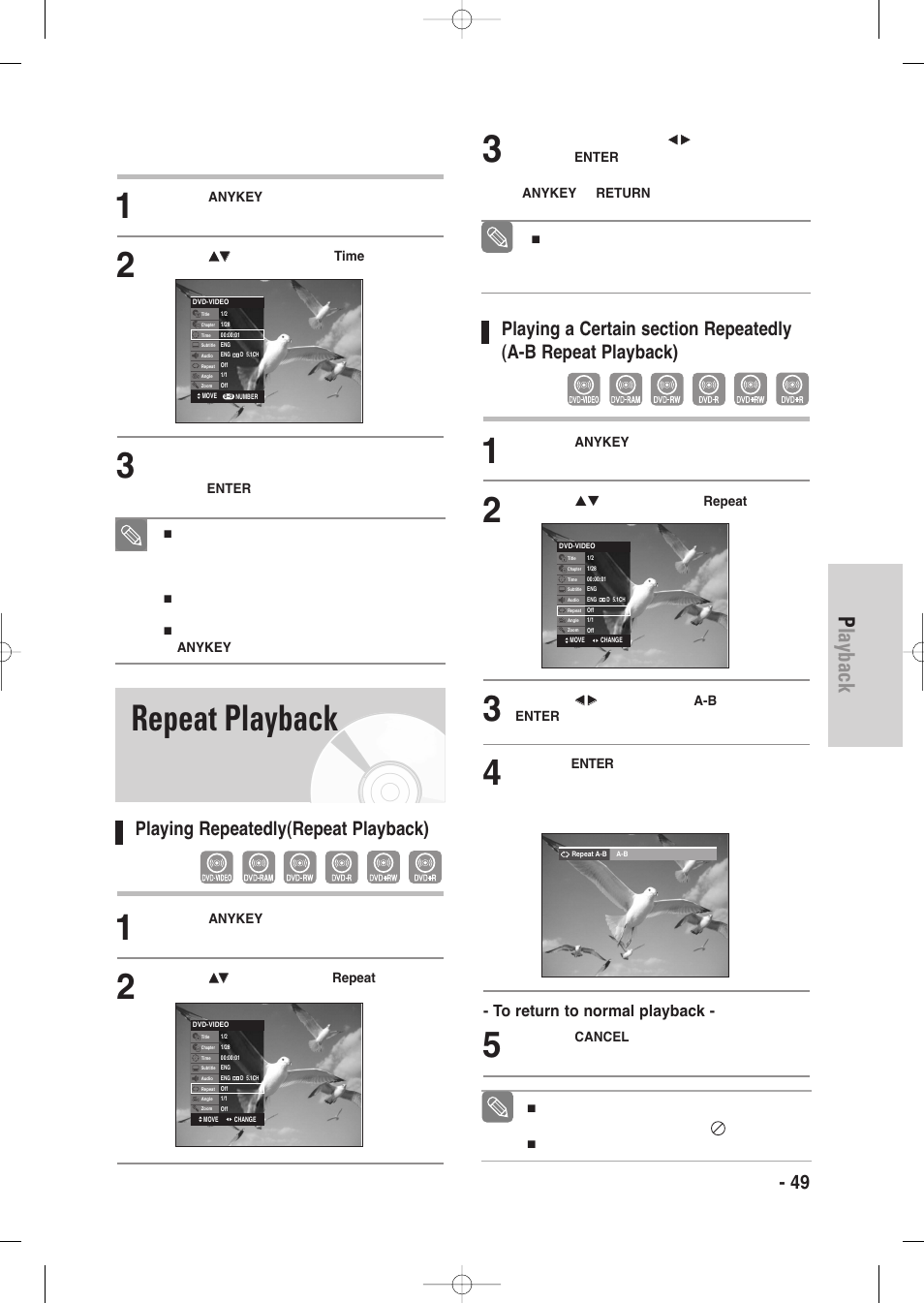 Repeat playback, Playback, English - 49 | Playing repeatedly(repeat playback) | Samsung DVD-VR335-XAA User Manual | Page 49 / 103