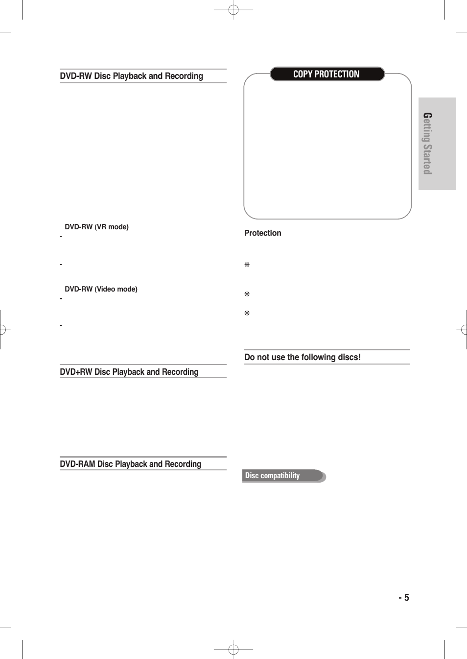 Getting started, English - 5, Copy protection | Samsung DVD-VR335-XAA User Manual | Page 5 / 103