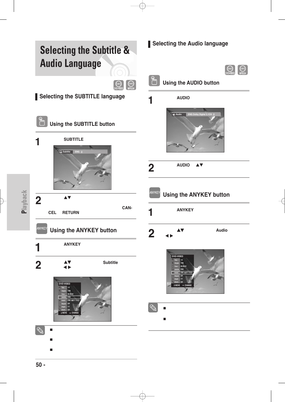 Selecting the subtitle & audio language, Playback, 50 - english | Selecting the subtitle language, Using the anykey button, Selecting the audio language, Using the subtitle button, Using the audio button | Samsung DVD-VR335-XAA User Manual | Page 50 / 103