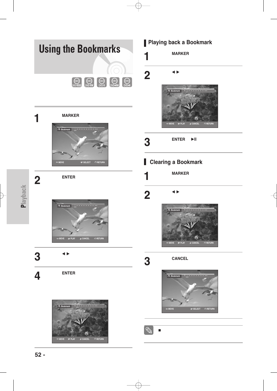 Using the bookmarks, Playback, 52 - english | Playing back a bookmark, Clearing a bookmark | Samsung DVD-VR335-XAA User Manual | Page 52 / 103