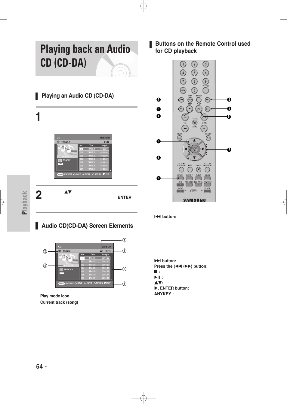 Playing back an audio cd (cd-da), Playback, 54 - english | Buttons on the remote control used for cd playback, Playing an audio cd (cd-da), Audio cd(cd-da) screen elements | Samsung DVD-VR335-XAA User Manual | Page 54 / 103