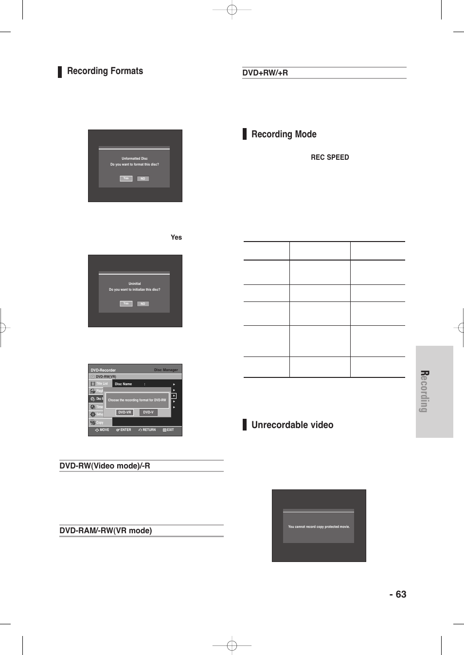 Recording formats, Recording mode, Unrecordable video | Recording, English - 63, Dvd-rw(video mode)/-r, Dvd-ram/-rw(vr mode), Dvd+rw/+r | Samsung DVD-VR335-XAA User Manual | Page 63 / 103