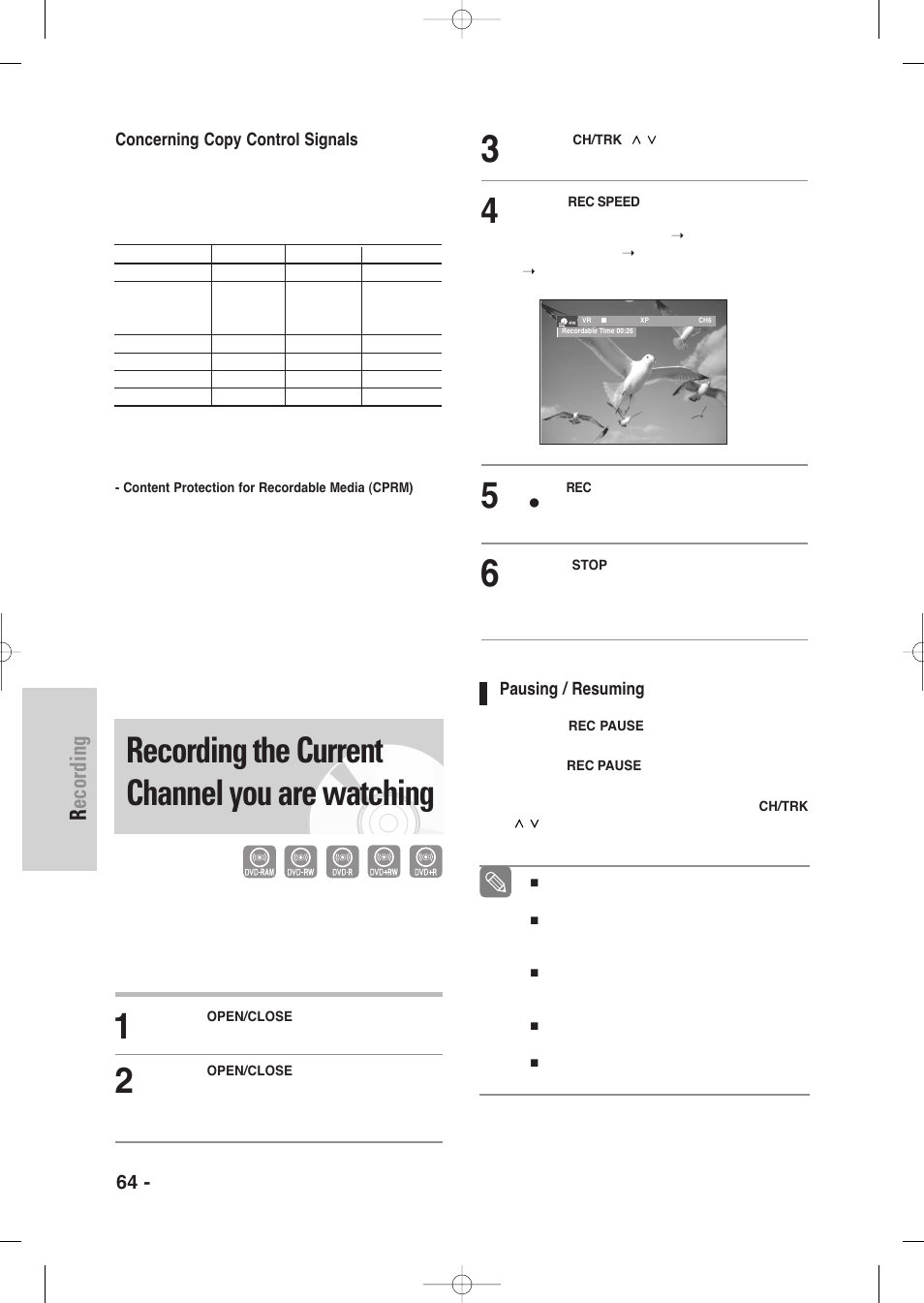 Recording the current channel you are watching, Recording, 64 - english | Samsung DVD-VR335-XAA User Manual | Page 64 / 103