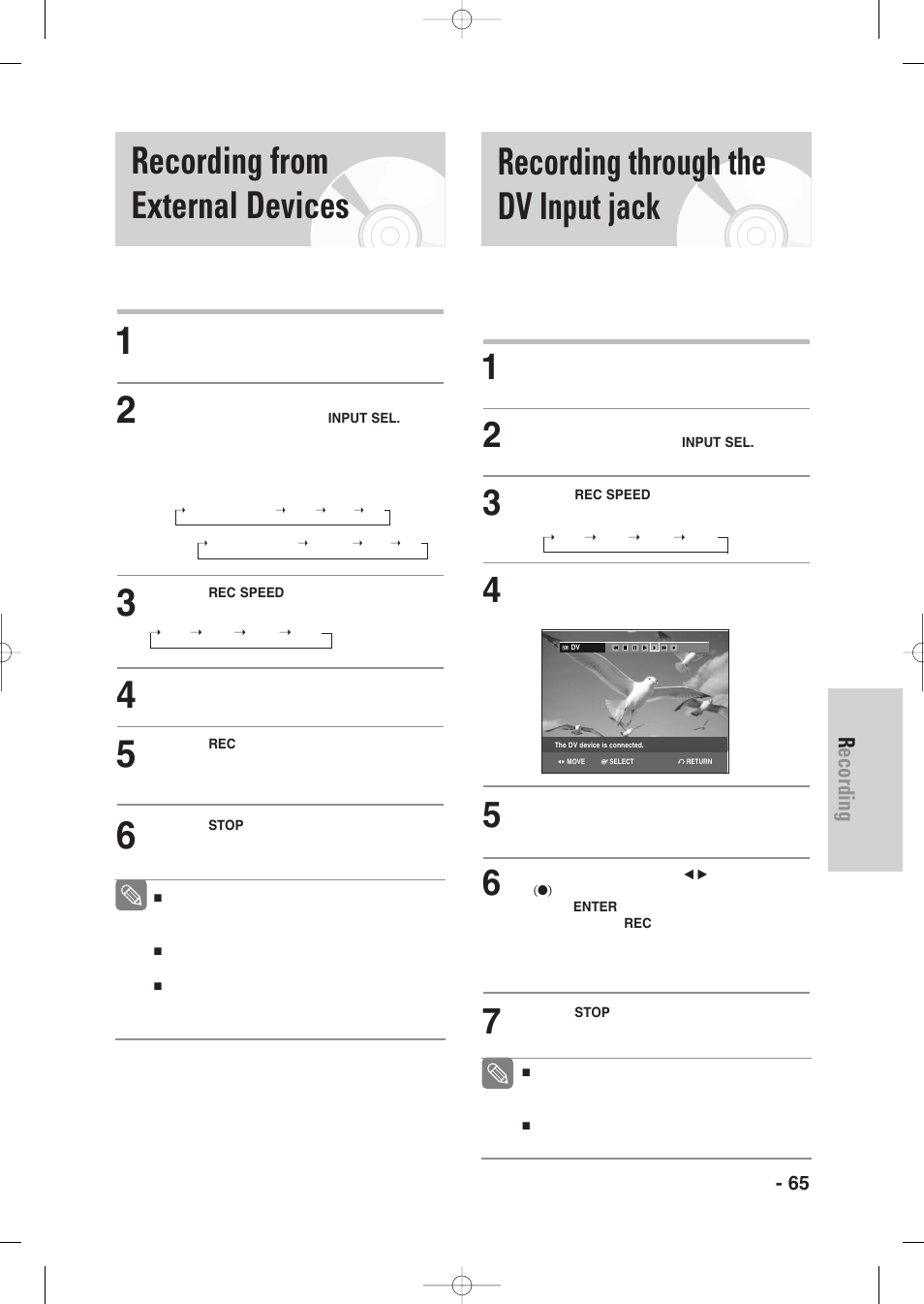 Recording from external devices, Recording through the dv input jack, Recording | Samsung DVD-VR335-XAA User Manual | Page 65 / 103