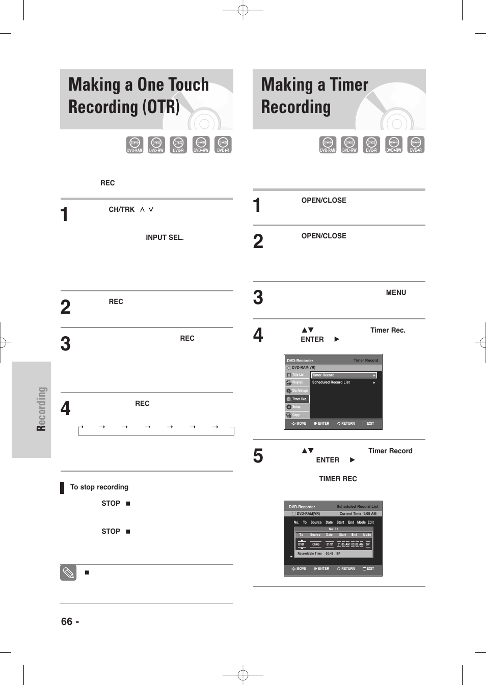 Making a one touch recording (otr), Making a timer recording, Recording | 66 - english | Samsung DVD-VR335-XAA User Manual | Page 66 / 103