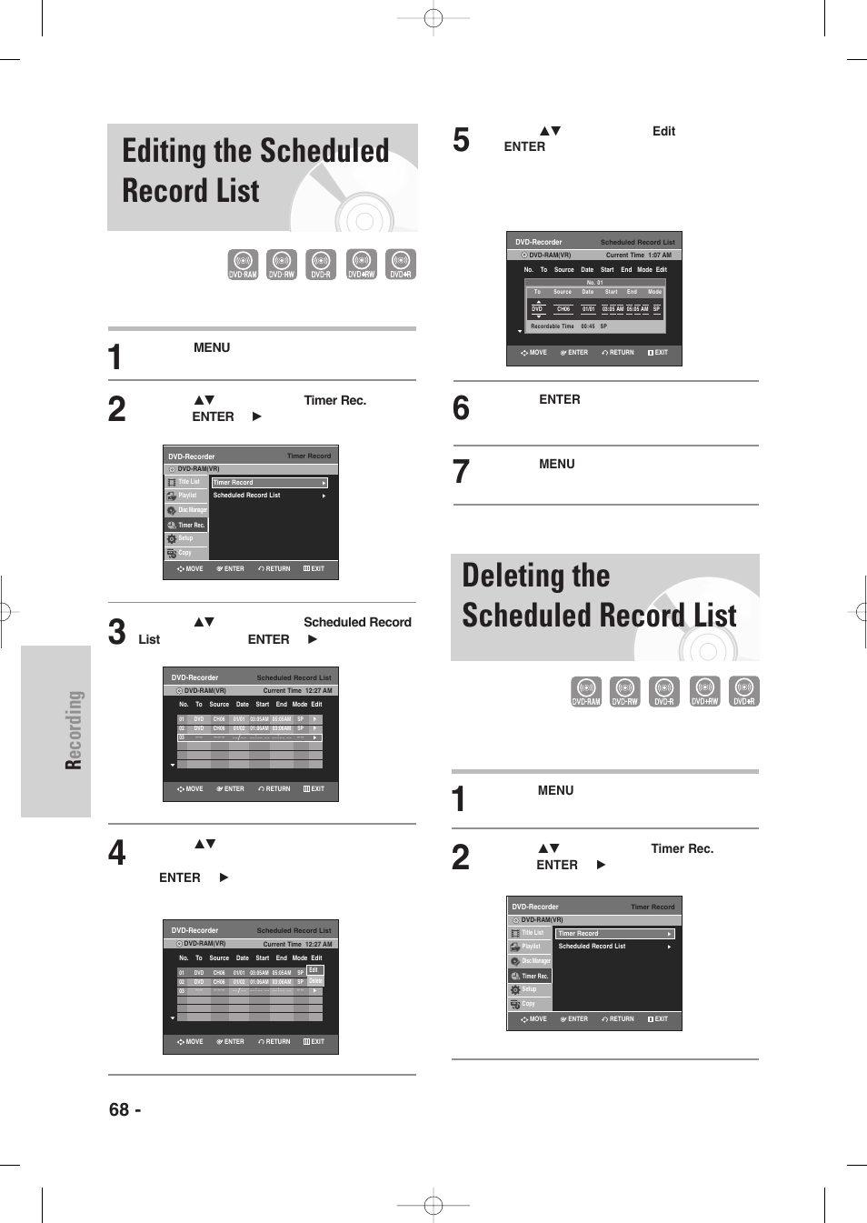 Editing the scheduled record list, Deleting the scheduled record list, Recording | 68 - english | Samsung DVD-VR335-XAA User Manual | Page 68 / 103