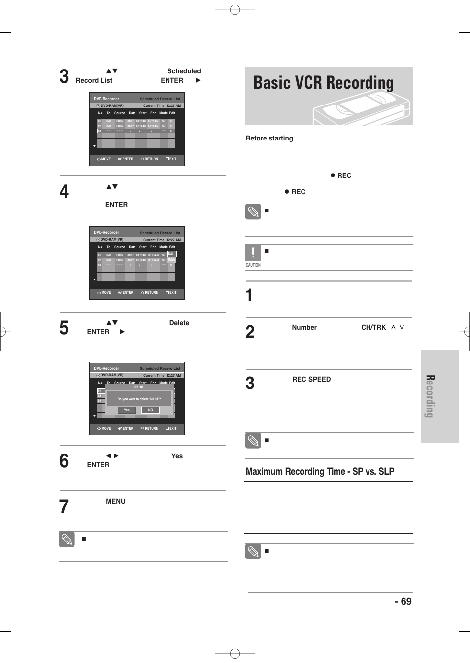 Basic vcr recording, Recording, English - 69 | Maximum recording time - sp vs. slp | Samsung DVD-VR335-XAA User Manual | Page 69 / 103