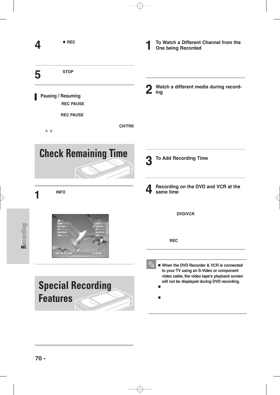 Check remaining time, Special recording features, Recording | 70 - english | Samsung DVD-VR335-XAA User Manual | Page 70 / 103