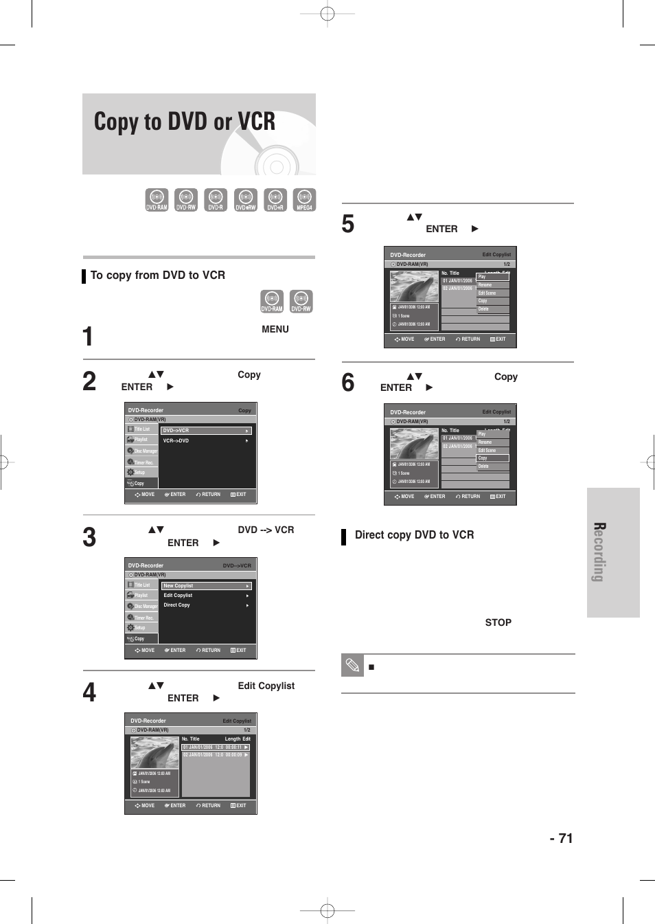 Copy to dvd or vcr, Recording, English - 71 | Direct copy dvd to vcr | Samsung DVD-VR335-XAA User Manual | Page 71 / 103