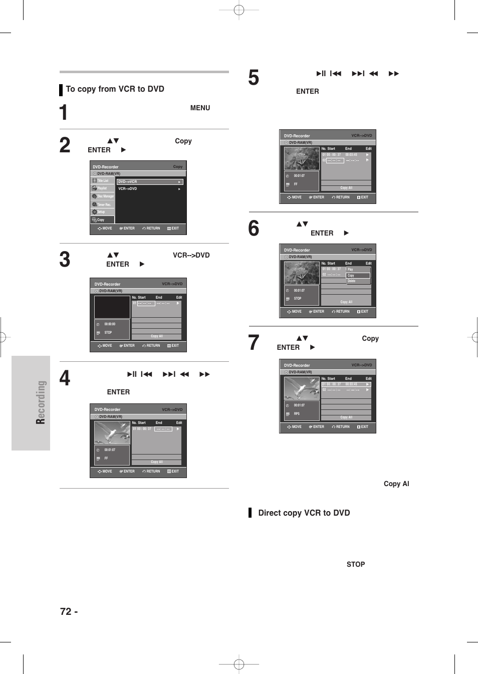 Recording, 72 - english, Direct copy vcr to dvd | Samsung DVD-VR335-XAA User Manual | Page 72 / 103