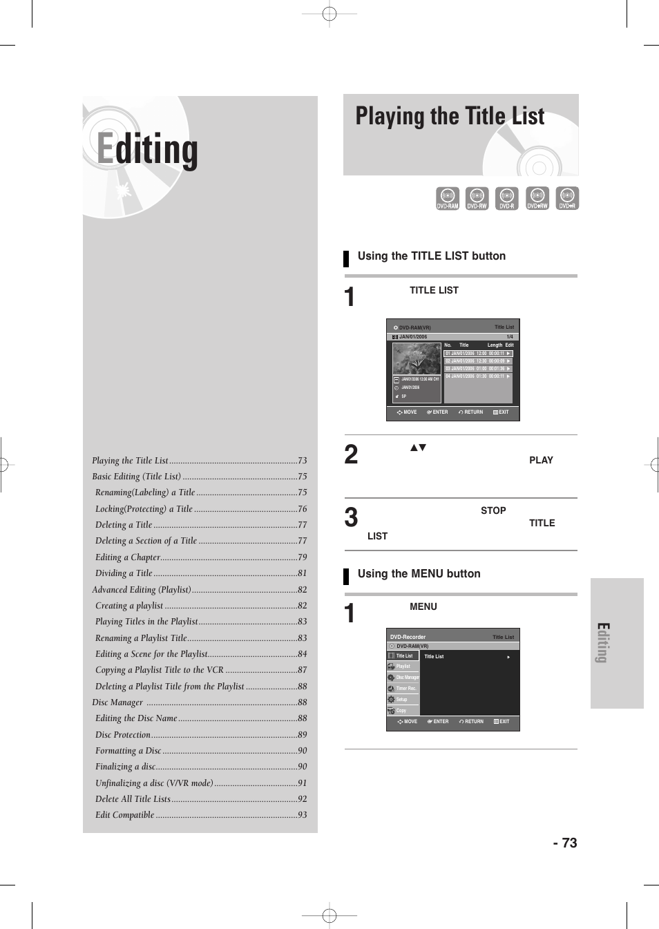 Editing, Playing the title list, English - 73 | Samsung DVD-VR335-XAA User Manual | Page 73 / 103