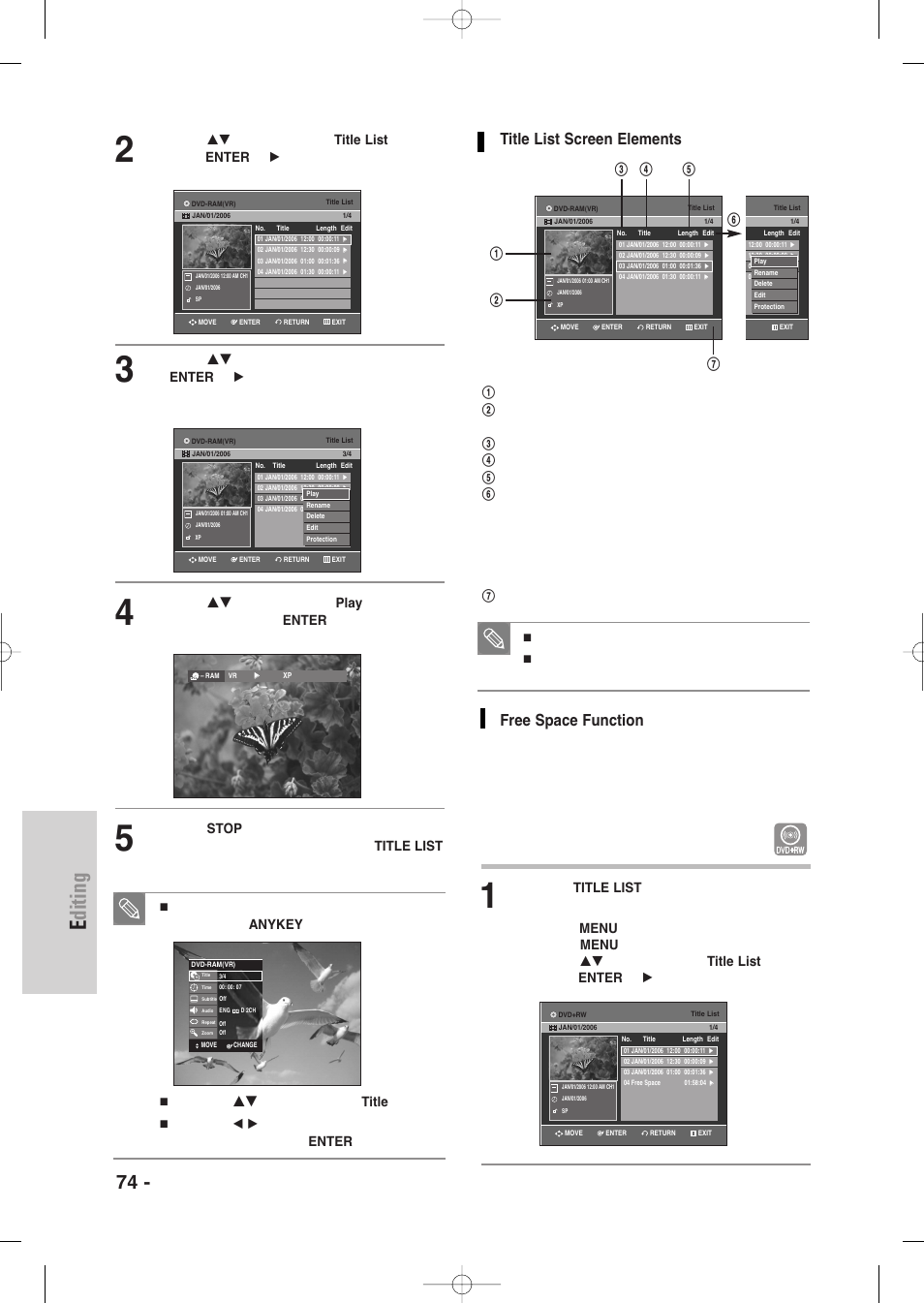 Editing, 74 - english, Title list screen elements | Free space function, Button twice. the title list screen is displayed, Press the | Samsung DVD-VR335-XAA User Manual | Page 74 / 103