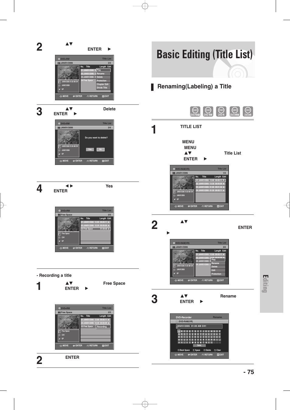 Basic editing (title list), Renaming(labeling) a title, Editing | English - 75, Press the enter button | Samsung DVD-VR335-XAA User Manual | Page 75 / 103