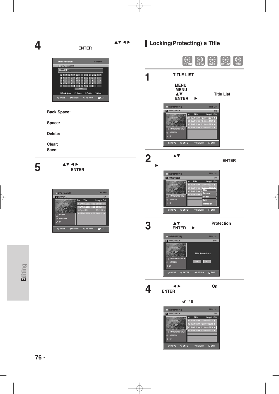 Locking(protecting) a title, Editing, 76 - english | Samsung DVD-VR335-XAA User Manual | Page 76 / 103