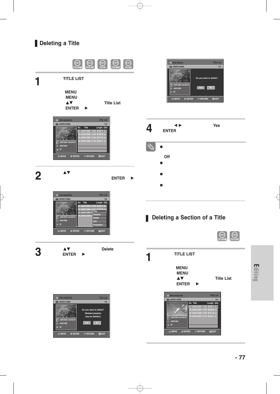 Deleting a title, Deleting a section of a title, Editing | English - 77 | Samsung DVD-VR335-XAA User Manual | Page 77 / 103