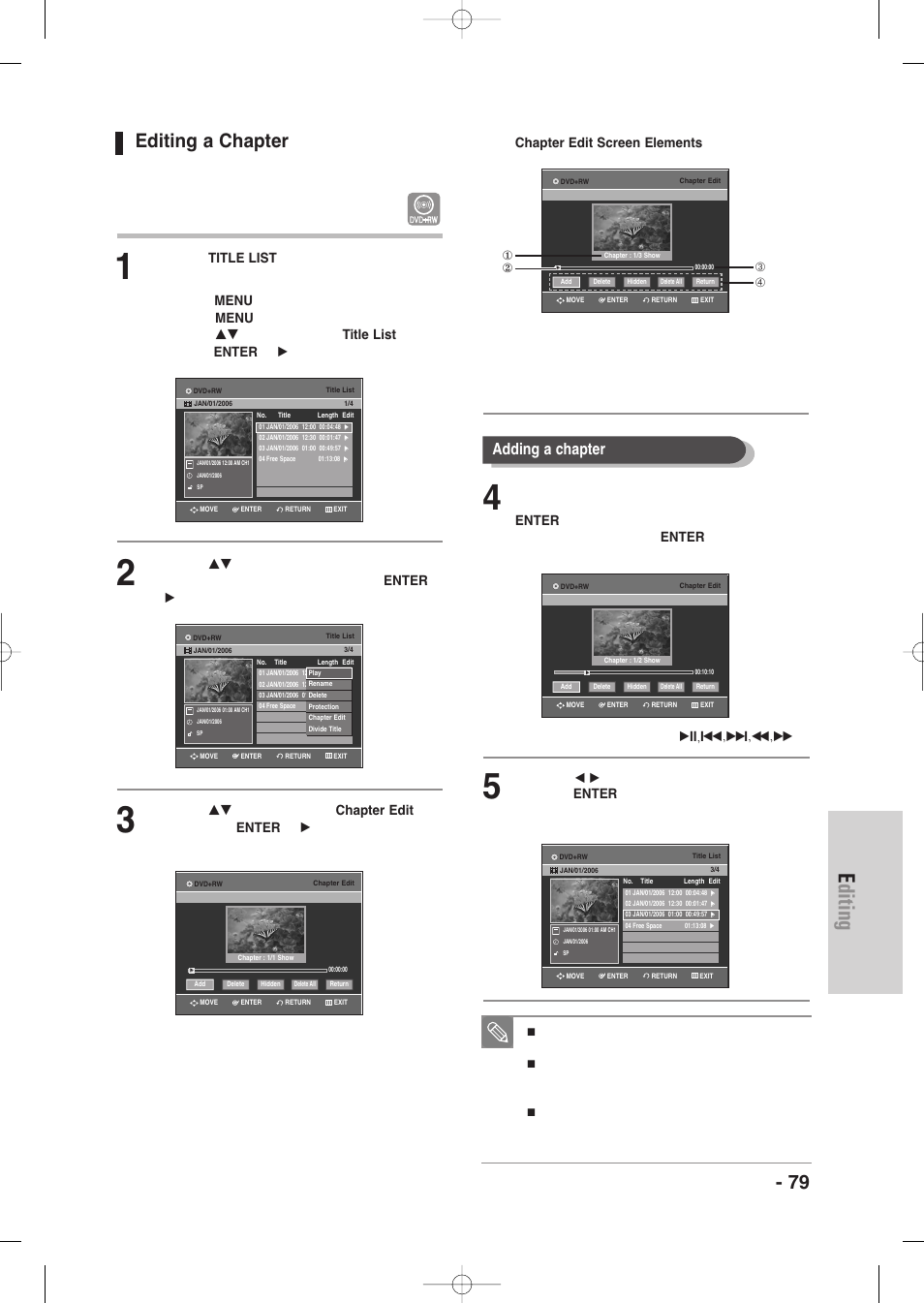 Editing a chapter, Editing, English - 79 | Adding a chapter | Samsung DVD-VR335-XAA User Manual | Page 79 / 103