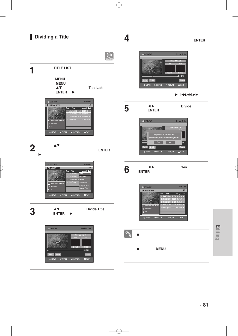 Dividing a title, Editing, English - 81 | Samsung DVD-VR335-XAA User Manual | Page 81 / 103