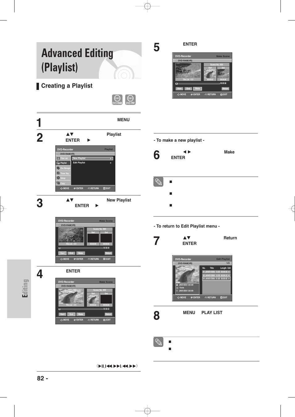 Advanced editing (playlist), Creating a playlist, Editing | 82 - english | Samsung DVD-VR335-XAA User Manual | Page 82 / 103