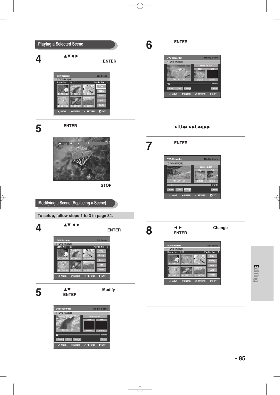 Editing, English - 85, Playing a selected scene | Modifying a scene (replacing a scene) | Samsung DVD-VR335-XAA User Manual | Page 85 / 103