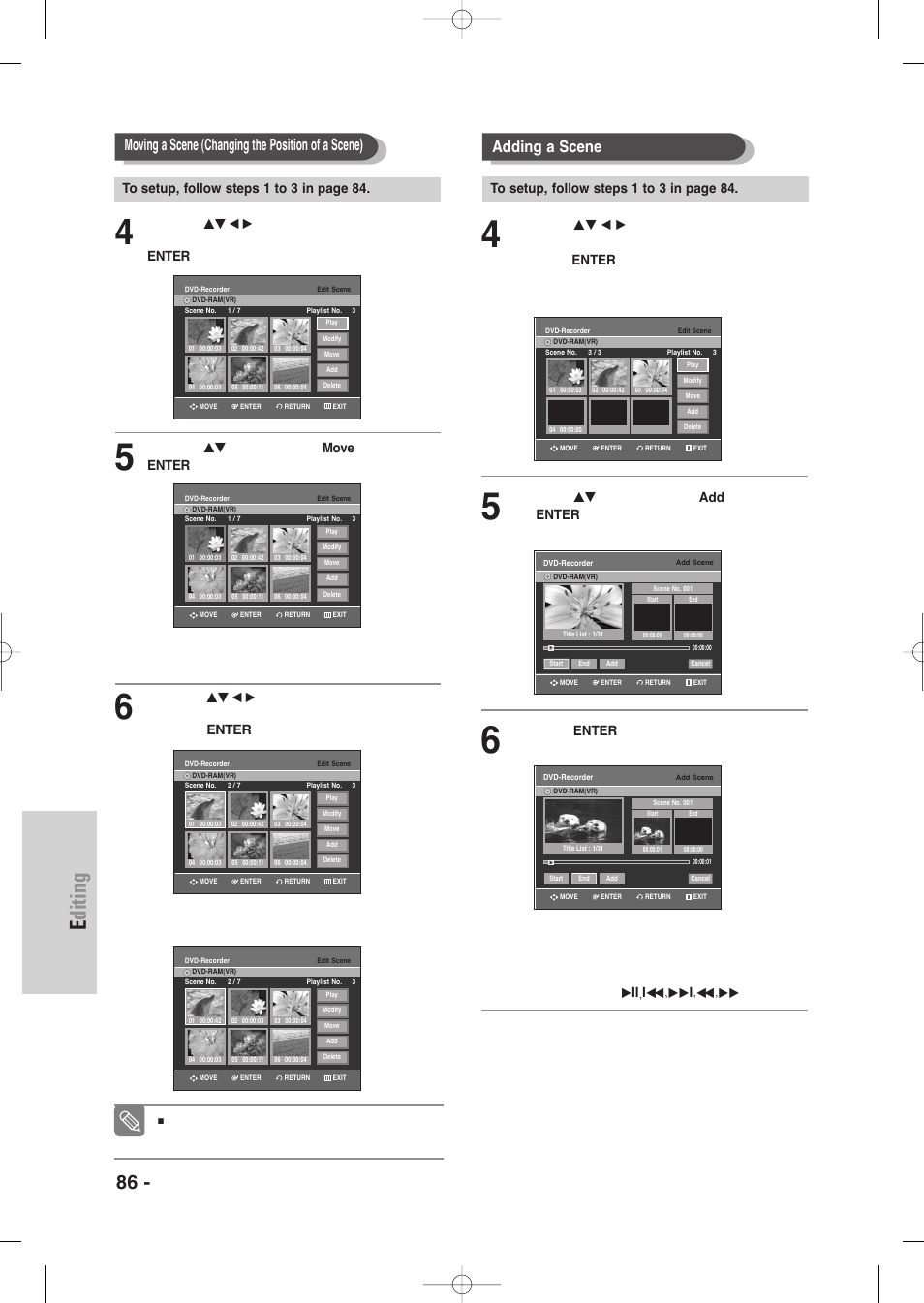 Editing, 86 - english, Moving a scene (changing the position of a scene) | Adding a scene | Samsung DVD-VR335-XAA User Manual | Page 86 / 103