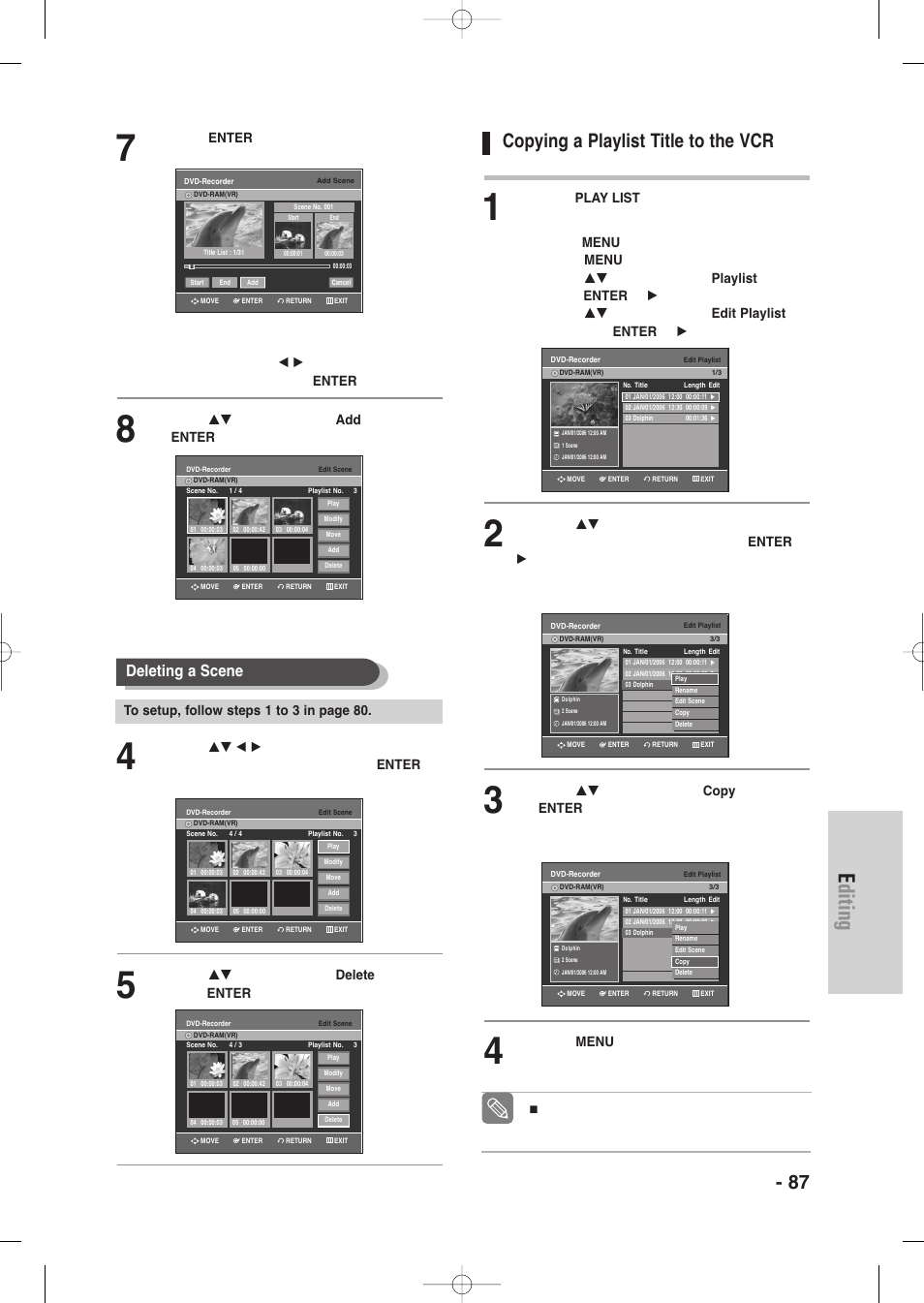 Copying a playlist title to the vcr, Editing, English - 87 | Deleting a scene | Samsung DVD-VR335-XAA User Manual | Page 87 / 103